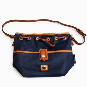 Dooney & Bourke Nylon Crossbody Drawstring Bag Navy Blue Leather Trim